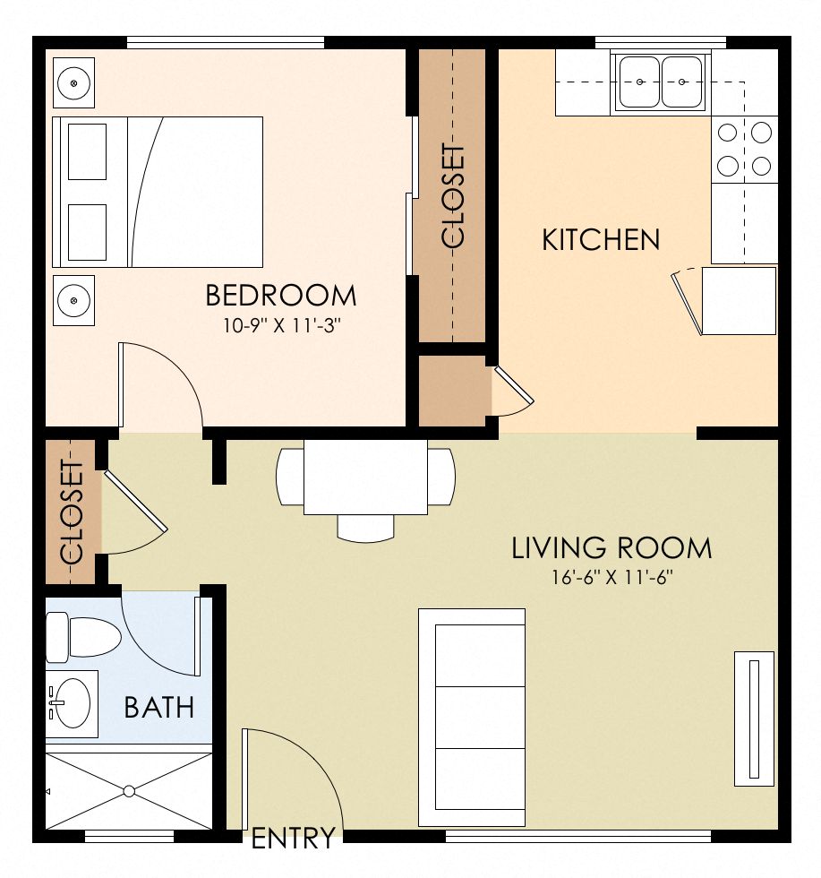 Floor plan for 1 bed, 1 bath, 508 sqft